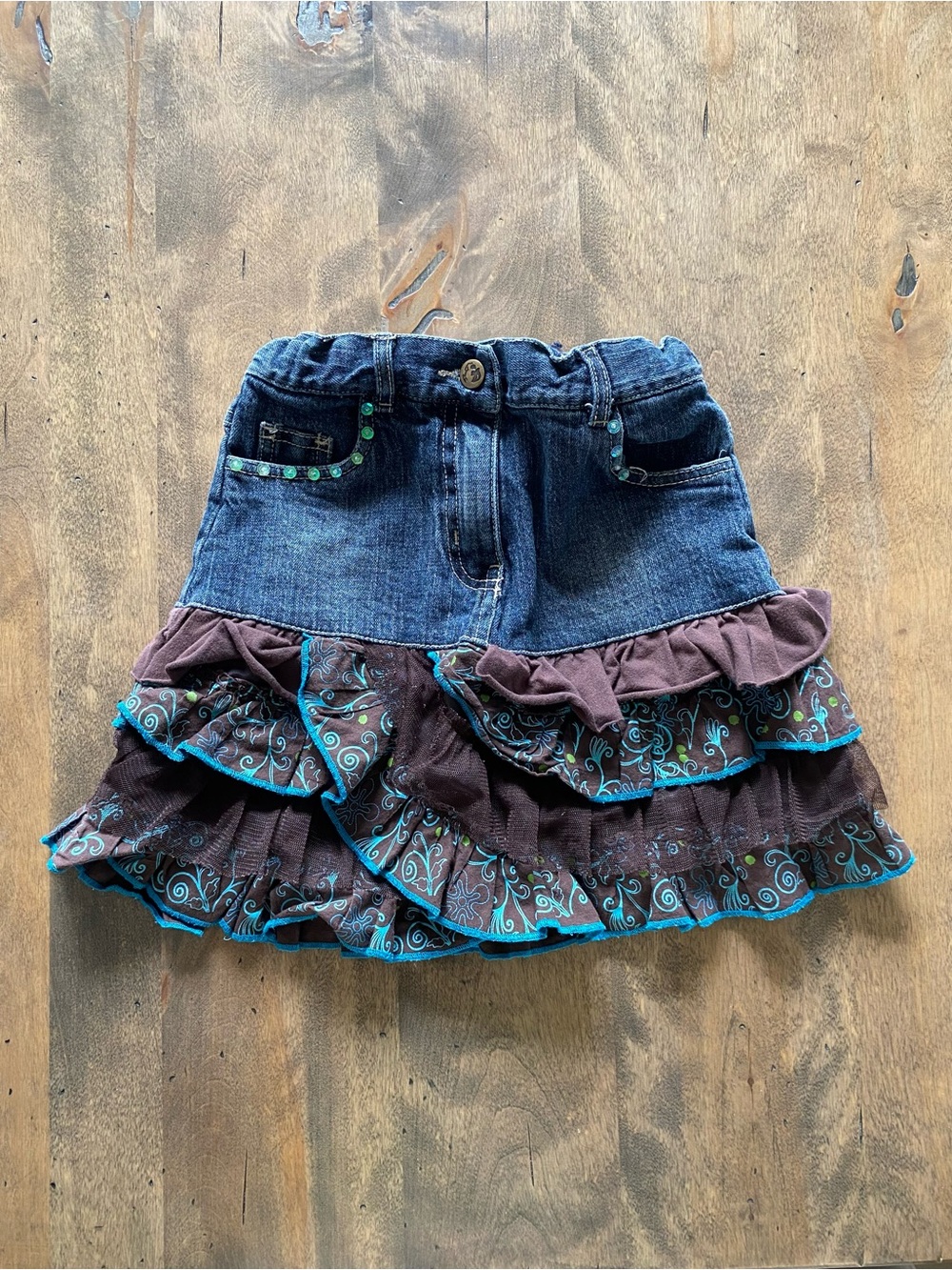 Girls' Denim Skater Skirt with Brown Ruffle and Teal Trim
